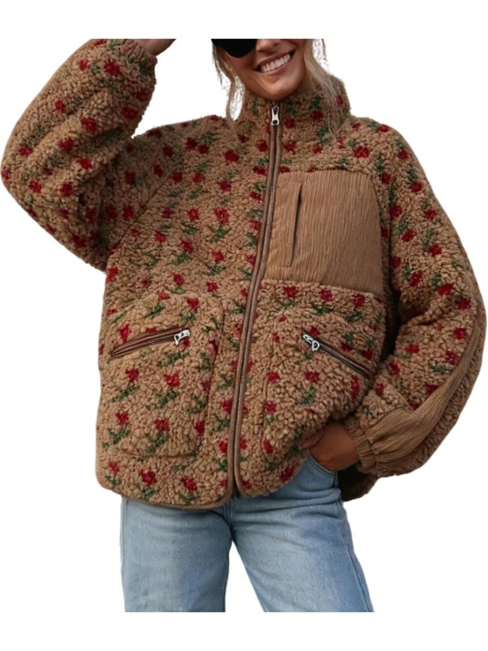 Cozy Floral Fleece Oversized Sherpa Jacket for Women - Winter Casual Layering